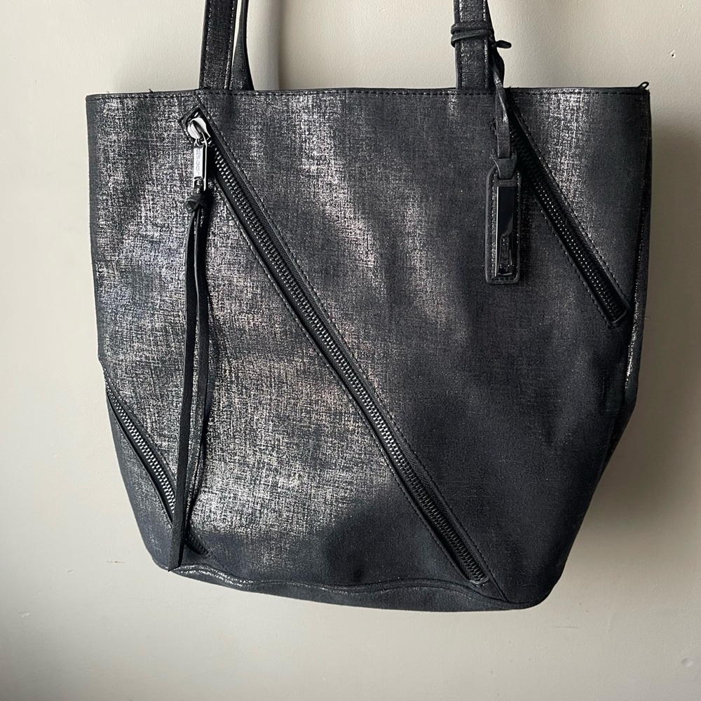 Joe's Jeans Black/Silver metallic Threads Fabric Tote Shoulder Bag purse - Picture 3 of 11